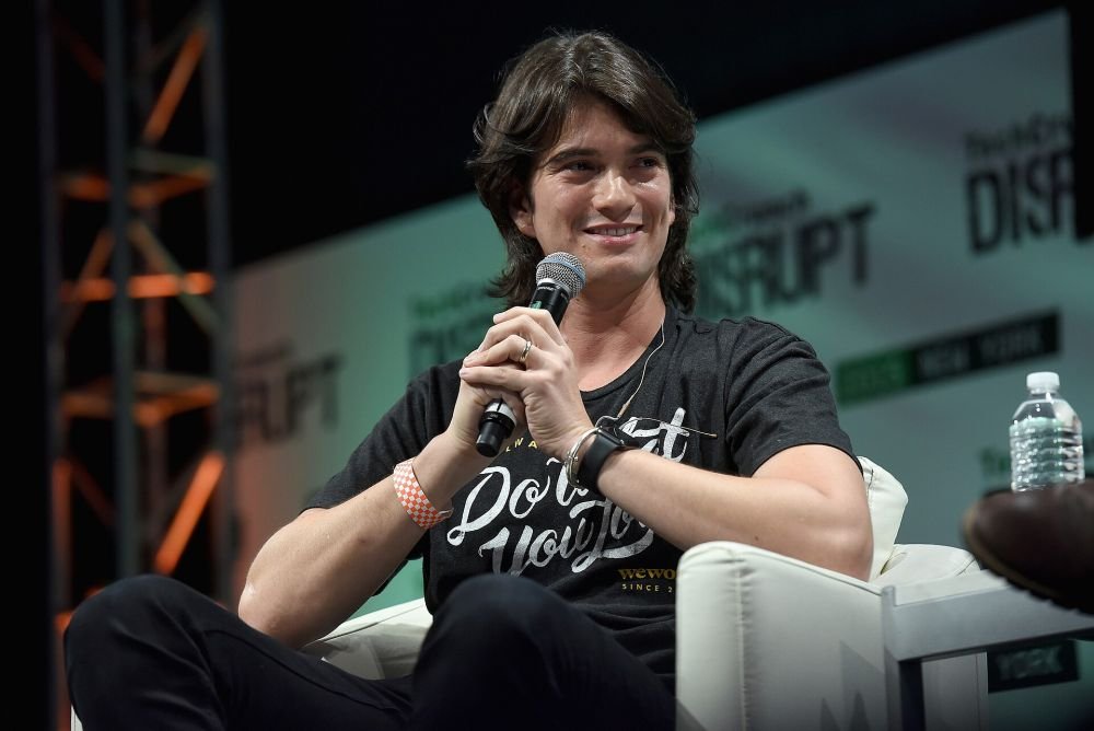 Adam Neumann speaking at TechCrunch Disrupt New York in 2015.